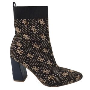 Guess Yonel Brown Stretch Knit Bootie Block Heel Logo Ankle Boot Women's 6M